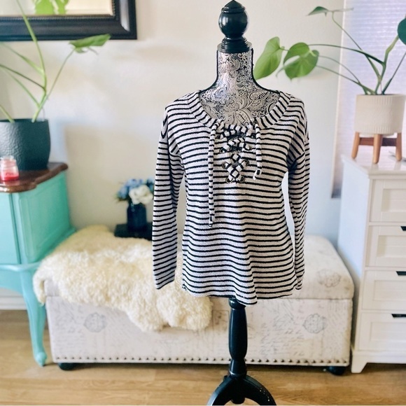 🏷️ 4/$25 Sanctuary Preppy Beacon Stripe Lace-Up French Terry Pullover Sweater - Picture 3 of 8
